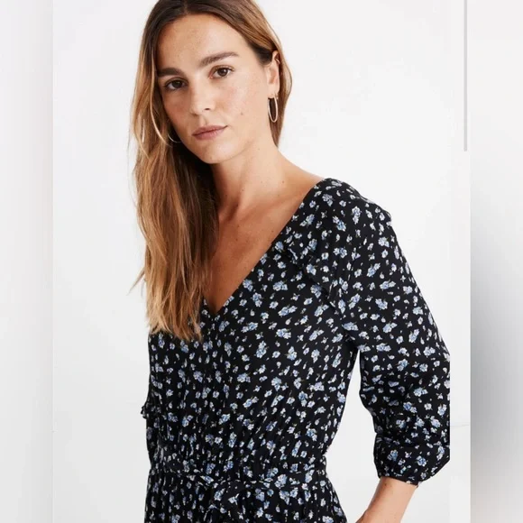 Madewell Black Ruffle-Sleeve Tie-Waist Jumpsuit in Blue Baby's Breath - Small - Picture 3 of 13